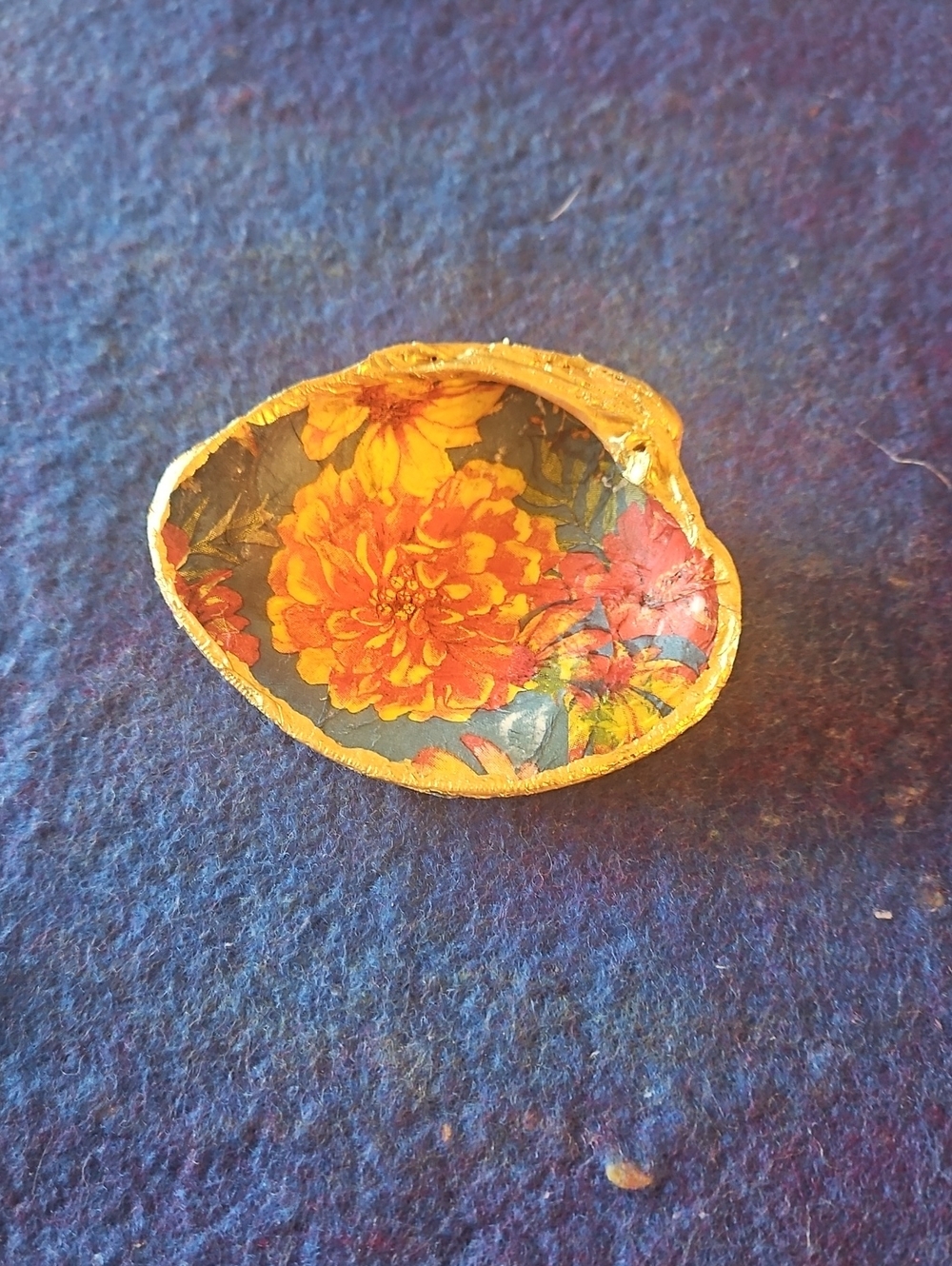 Hand-Painted & Decopaged Floral Shell Trinket Dish - Yellow & Red Flowers